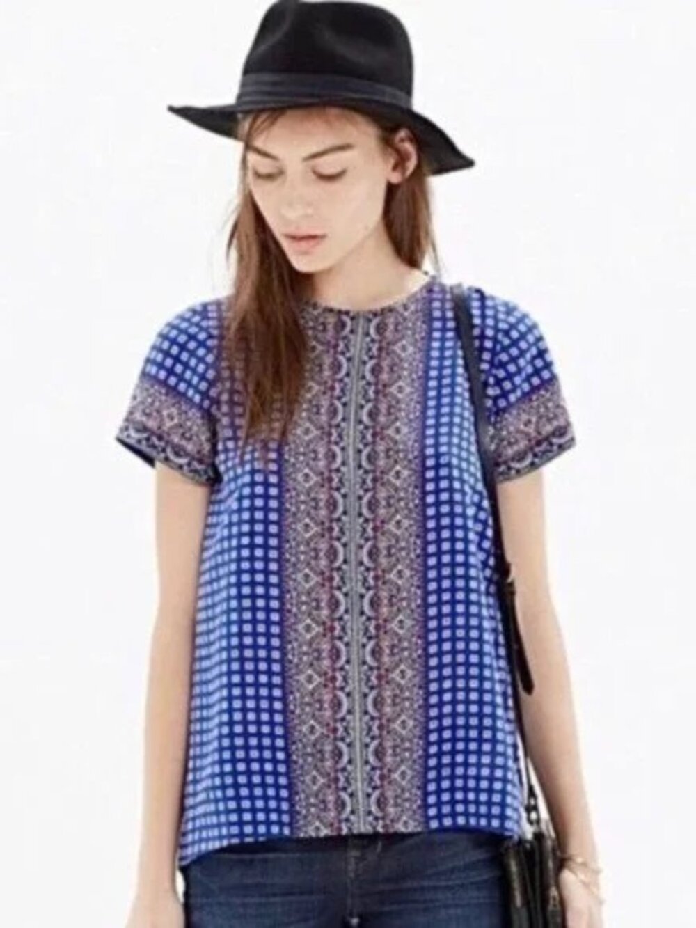 Madewell 100% Silk Geometric Patterned Short Sleeve Bouse